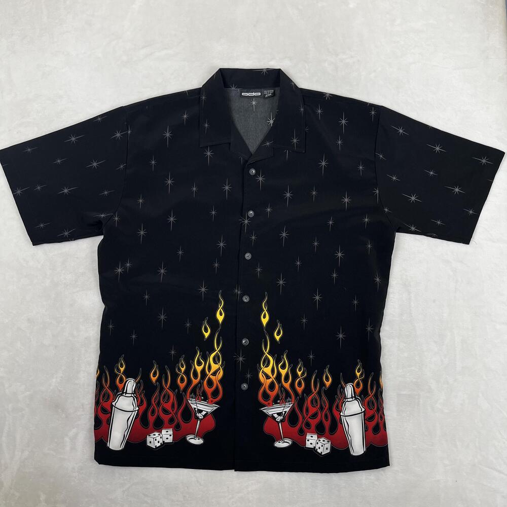 ODO Shirt Mens XL Black Flame Cocktail Casino Short Sleeve Button Front Retro